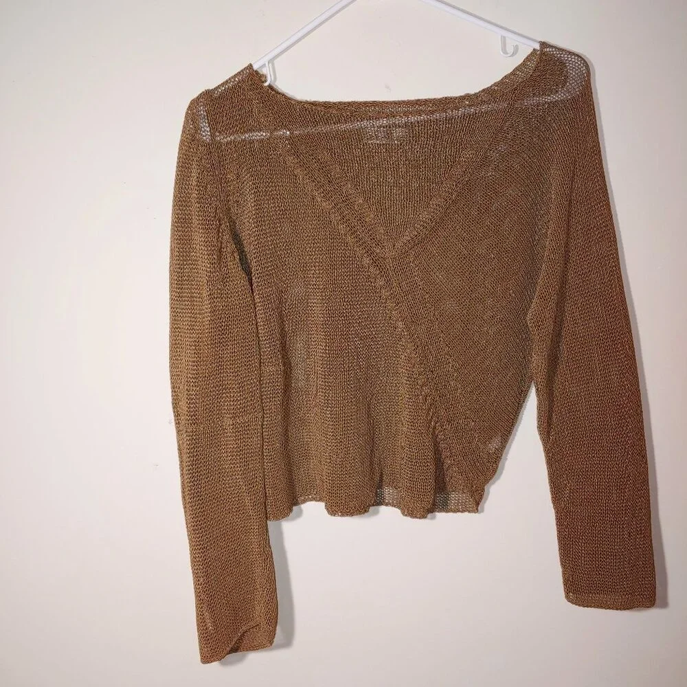 Crea Concept Asymmetrical Long Sleeves Cropped Mesh Blouse Brown Sz 38 Eu/ M
